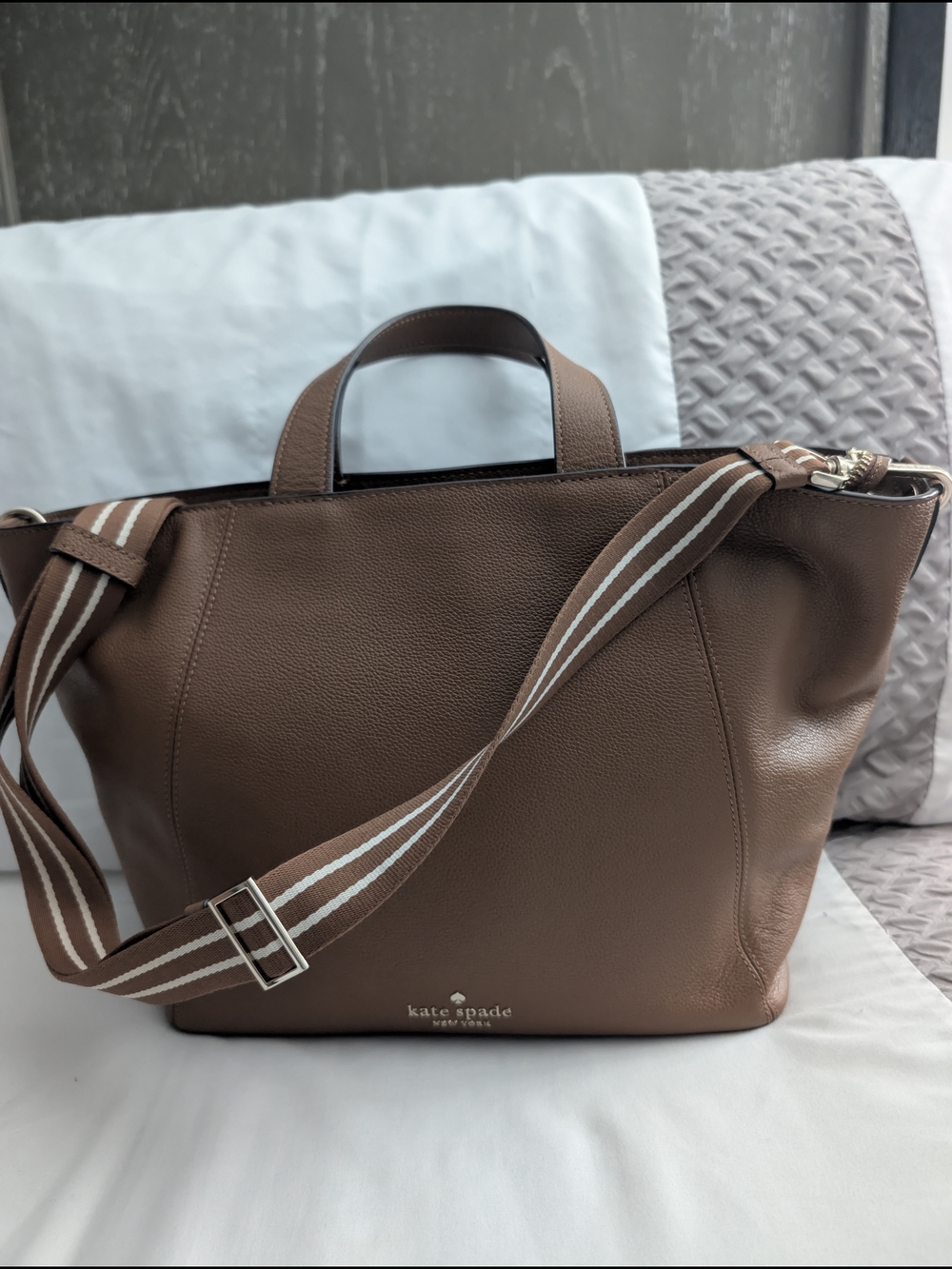 kate spade brown pebbled leather tote with striped strap